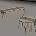 Elegant Rectangular And Round Tables With White Tablecloth Green Stripe Design 3d model