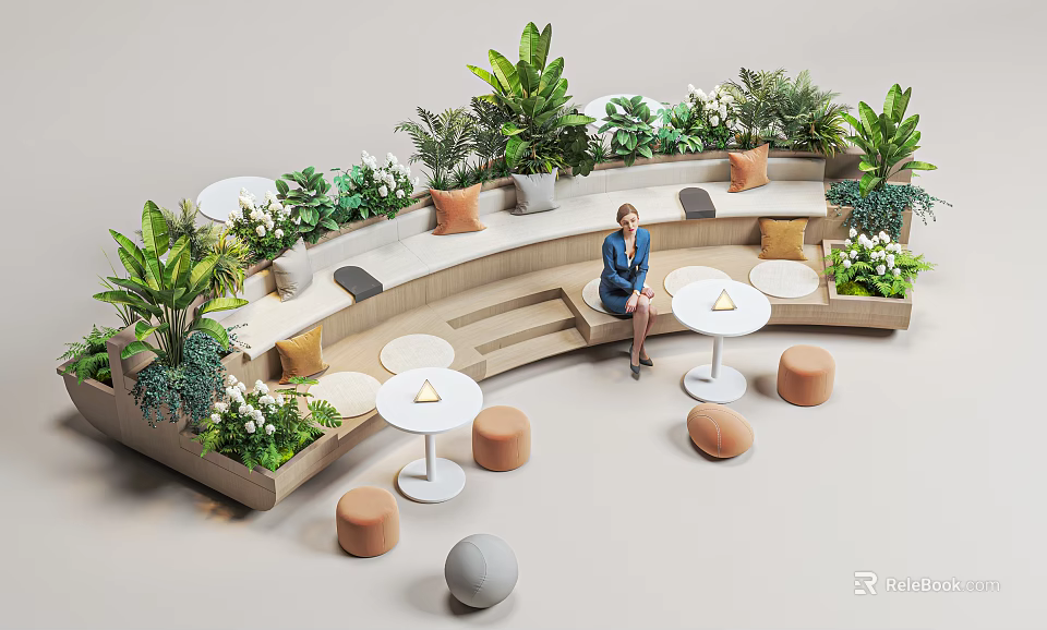 Curved Landscape Seating With Green Plants Small Round Tables And Round Stools In Leisure Area 3d model 