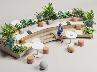 Curved Landscape Seating With Green Plants Small Round Tables And Round Stools In Leisure Area 3d model