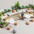 Curved Landscape Seating With Green Plants Small Round Tables And Round Stools In Leisure Area