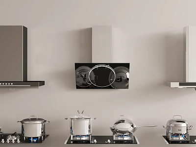 Stylish Kitchen Appliances Featuring Range Hoods Pots And Stove Tops 3d model