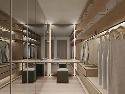 Modern Walk-in Closet Interior Design With Mirrored Cabinets Wooden Shelves And Clothing Racks 3d model