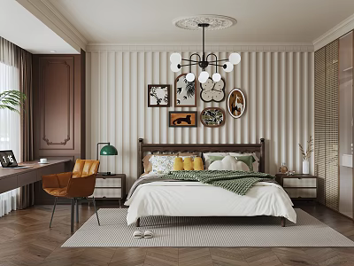 Modern Bedroom Interior With Striped Wallpaper Wooden Bed And Hanging Chandelier 3d model