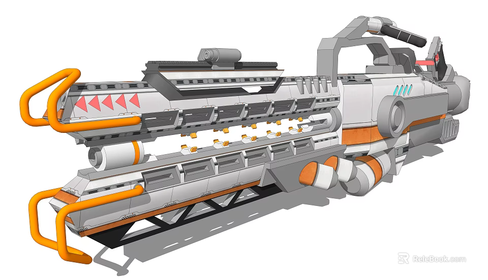 Futuristic Mechanical Weapon With Gray Orange Colors Long Barrel Multiple Thrusters And Red Triangle Markings 3d model 
