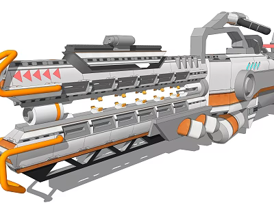 Futuristic Mechanical Weapon With Gray Orange Colors Long Barrel Multiple Thrusters And Red Triangle Markings 3d model