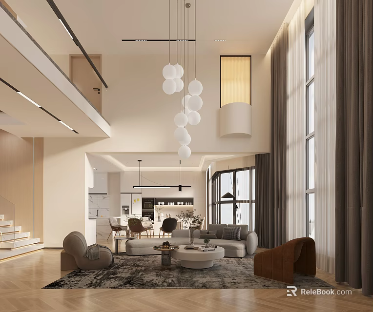 Modern Loft Living Room Design With Large Windows And Pendant Lights 3d model 