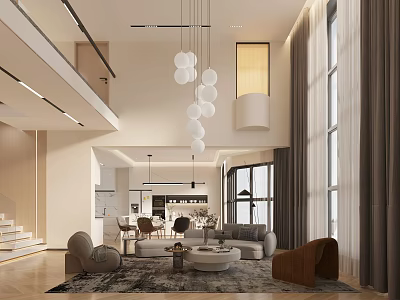 Modern Loft Living Room Design With Large Windows And Pendant Lights 3d model