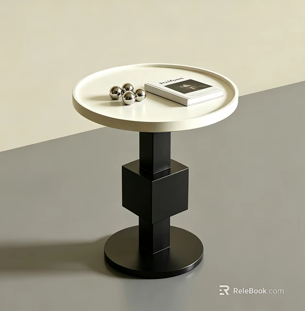 Round Side Table Featuring White Tabletop Black Geometric Base With Silver Balls And Book 3d model 