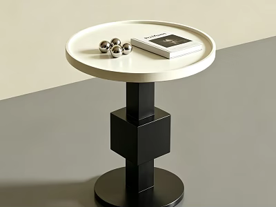 Round Side Table Featuring White Tabletop Black Geometric Base With Silver Balls And Book 3d model