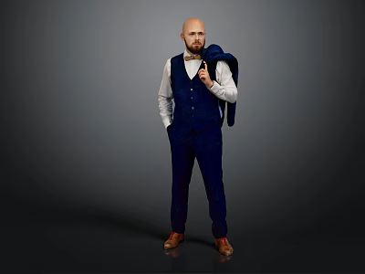 Stylish Man In Navy Blue Vest White Shirt And Matching Pants With Jacket Over Shoulder 3d model