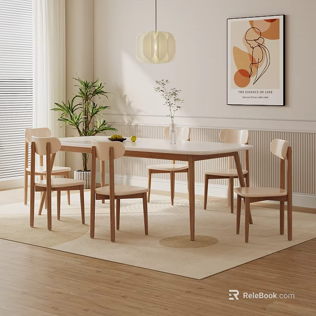 Modern Wooden Dining Table Set With Matching Chairs Decorative Plant And Wall Art 3d model 