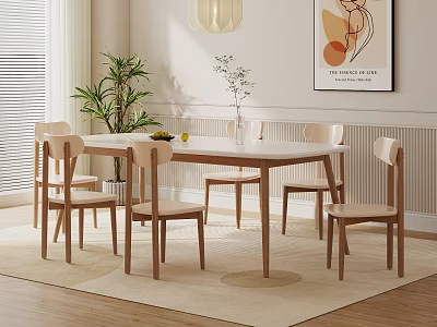 Modern Wooden Dining Table Set With Matching Chairs Decorative Plant And Wall Art 3d model