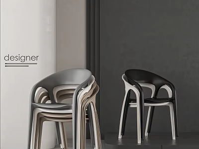 Designer Leisure Chairs with Curved Design in Gray and Black Stacked Against Minimalist Wall Background 3d model