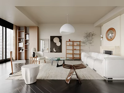 Modern Living Room With White Sofa Round Pendant Light Wooden Bookshelves And Glass Coffee Table 3d model