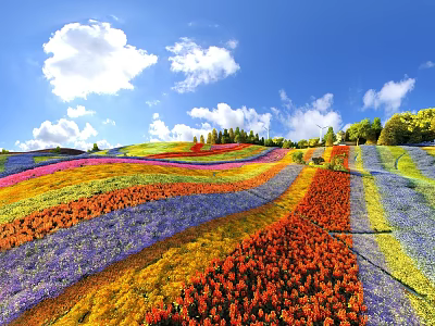Vibrant Park Landscape With Colorful Flower Fields On Hillside Blue Sky And Distant Trees 3d model