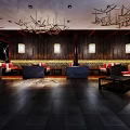 Chinese Style Restaurant Interior With Chandelier Wooden Tables Chairs Decorative Vase And Wooden Decorations