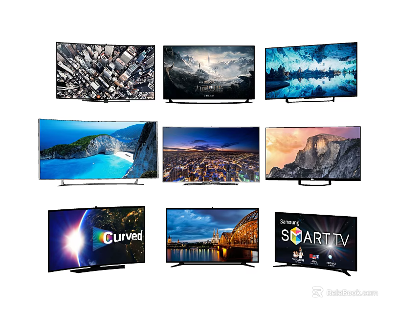 Various Modern Curved Smart TVs Displaying Scenic City And Natural Landscapes 3d model 