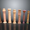 Scenic Arrangement of Columns in Various Styles with Colorful Textures on Black Background