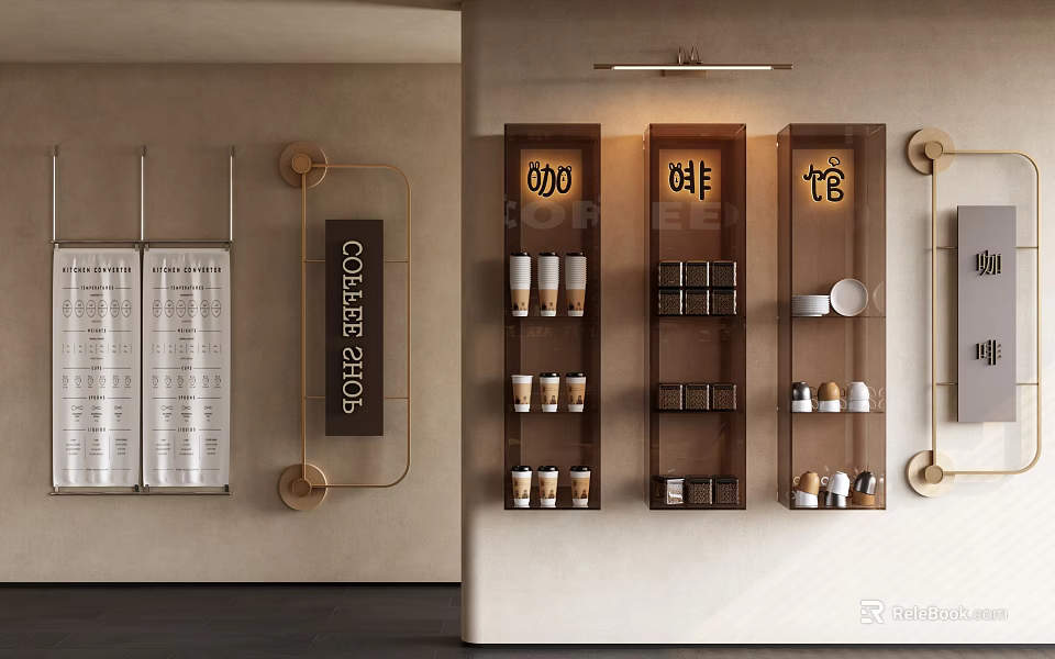Coffee Shop Wall Decor Featuring Brass Frames Shelves with Cups and Character Signs 3d model 