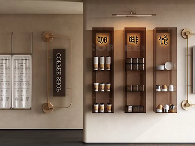 Coffee Shop Wall Decor Featuring Brass Frames Shelves with Cups and Character Signs 3d model