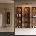 Coffee Shop Wall Decor Featuring Brass Frames Shelves with Cups and Character Signs
