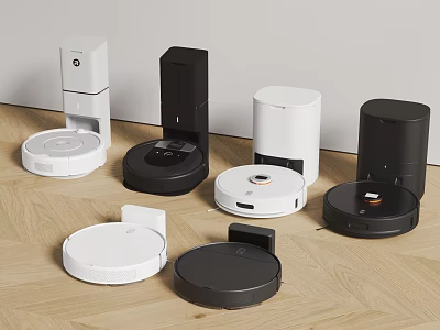 Smart Cleaning Robots Various Models On Wooden Floor 3d model