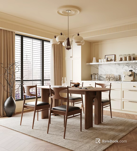 Elegant Modern Dining Room With Chandelier Wooden Table Leather Chairs And Marble Backsplash 3d model 