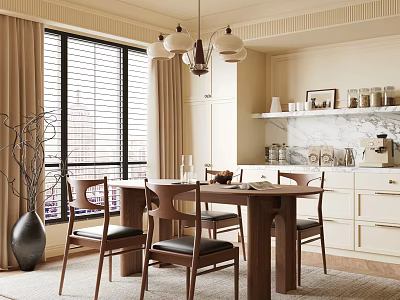 Elegant Modern Dining Room With Chandelier Wooden Table Leather Chairs And Marble Backsplash 3d model