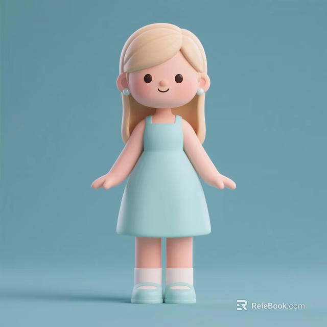 Cute 3D Cartoon Girl Decorative Figurine Set with Long Blonde Hair Light Blue 3d model 