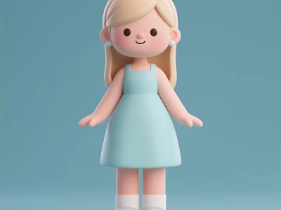 Cute 3D Cartoon Girl Decorative Figurine Set with Long Blonde Hair Light Blue 3d model