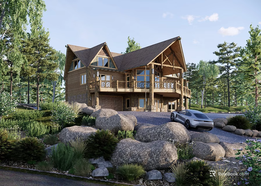 Wooden Detached House with Gabled Roof Balcony Car on Driveway Surrounded by Trees Rocks Greenery 3d model 