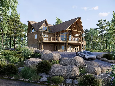 Wooden Detached House with Gabled Roof Balcony Car on Driveway Surrounded by Trees Rocks Greenery 3d model