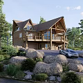 Wooden Detached House with Gabled Roof Balcony Car on Driveway Surrounded by Trees Rocks Greenery