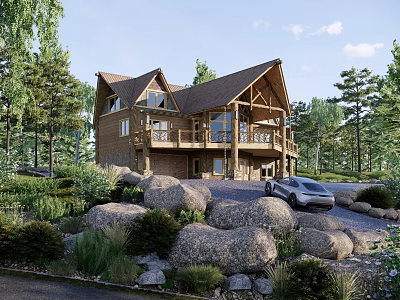 Wooden Detached House with Gabled Roof Balcony Car on Driveway Surrounded by Trees Rocks Greenery 3d model