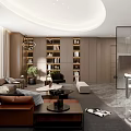 Elegant Modern Office Interior With Marble Wall Reception Desk Bookshelves And Sofa Area