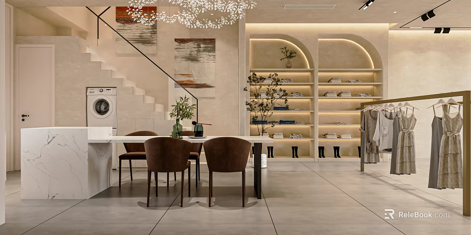 Modern Clothing Store Interior with Arched Display Shelves Apparel and Green Plants 3d model 