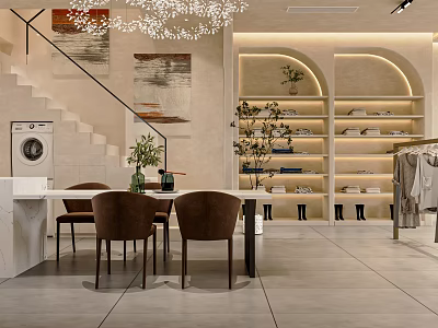 Modern Clothing Store Interior with Arched Display Shelves Apparel and Green Plants 3d model