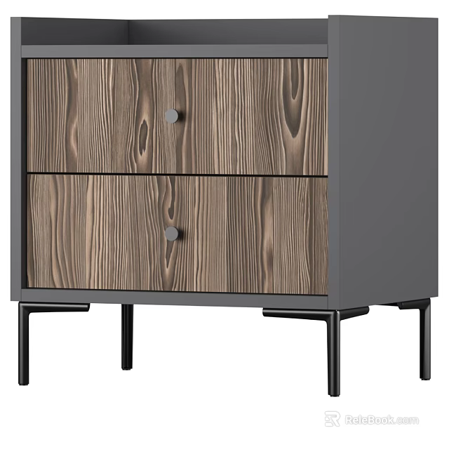 Modern Wooden Drawer Bedside Table With Gray Frame And Black Metal Legs 3d model 