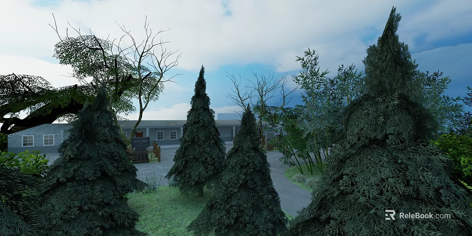 Museum Building Surrounded By Pine Trees And Greenery Under Blue Sky 3d model