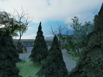 Museum Building Surrounded By Pine Trees And Greenery Under Blue Sky 3d model