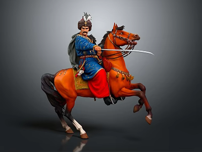 Historical Horse Riding Figure In Blue Traditional Costume With Decorative Hat And Sword 3d model