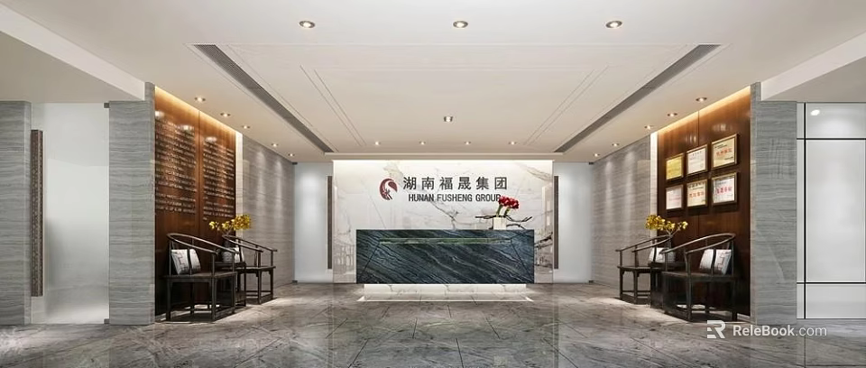 Modern Corporate Front Desk Reception With Marble Countertop Backdrop Wall And Decorative Flowers 3d model 