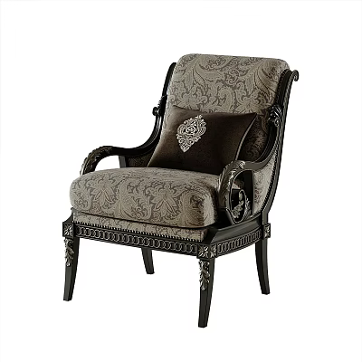 Classic Upholstered Accent Chair With Intricate Pattern Carved Wooden Frame And Decorative Pillow 3d model
