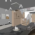 Modern Apartment Living Room With Geometric Pattern Floor Tiles Abstract Paintings Wooden Cabinets And Staircase