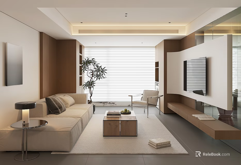 Modern Living Room Interior With Beige Sofa Wooden Elements Potted Plant And Window Blinds 3d model 