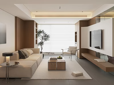 Modern Living Room Interior With Beige Sofa Wooden Elements Potted Plant And Window Blinds 3d model