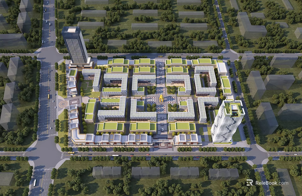 Modern Industrial Factory Park Layout Featuring Multiple Buildings Green Roofs Surrounding Trees And Road Network 3d model 