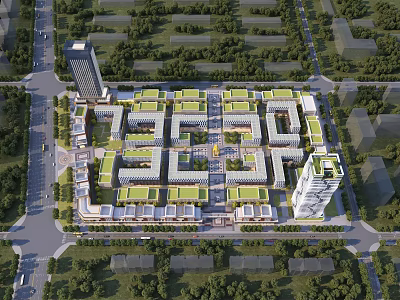 Modern Industrial Factory Park Layout Featuring Multiple Buildings Green Roofs Surrounding Trees And Road Network 3d model