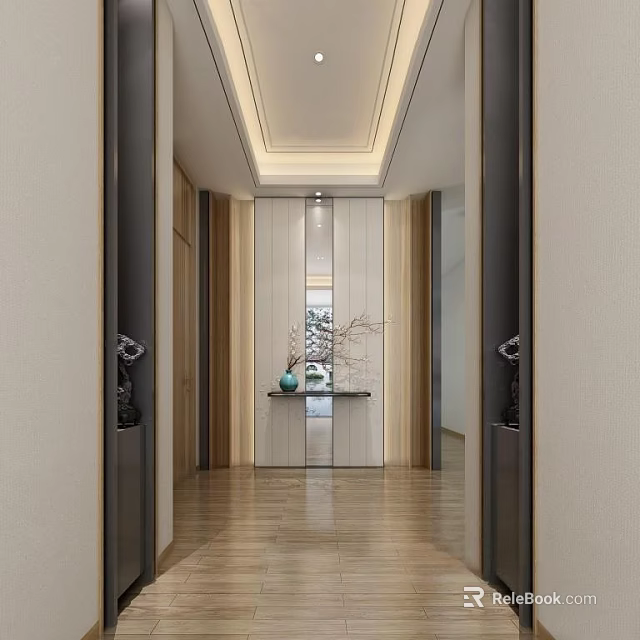 Modern Entryway Hallway Interior Design With Wooden Panels Lighting Strip Console Table And Decorative Vase 3d model 