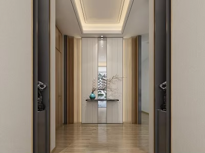 Modern Entryway Hallway Interior Design With Wooden Panels Lighting Strip Console Table And Decorative Vase 3d model